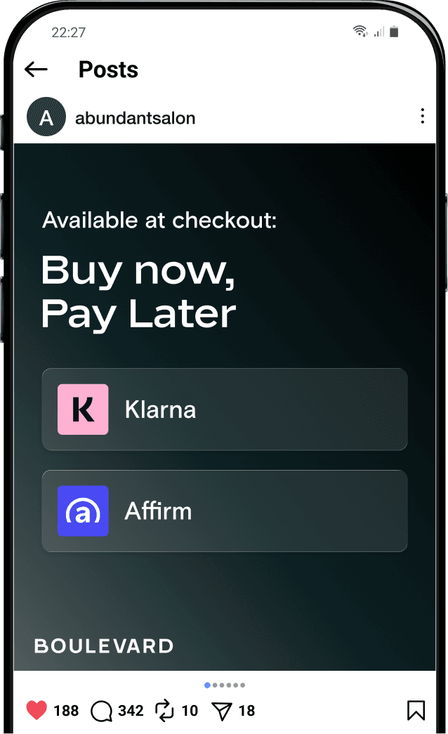 A phone showing an Instagram post by Abundant Salon headed “Available at checkout: Buy now, Pay Later” with Klarna and Affirm listed as options.