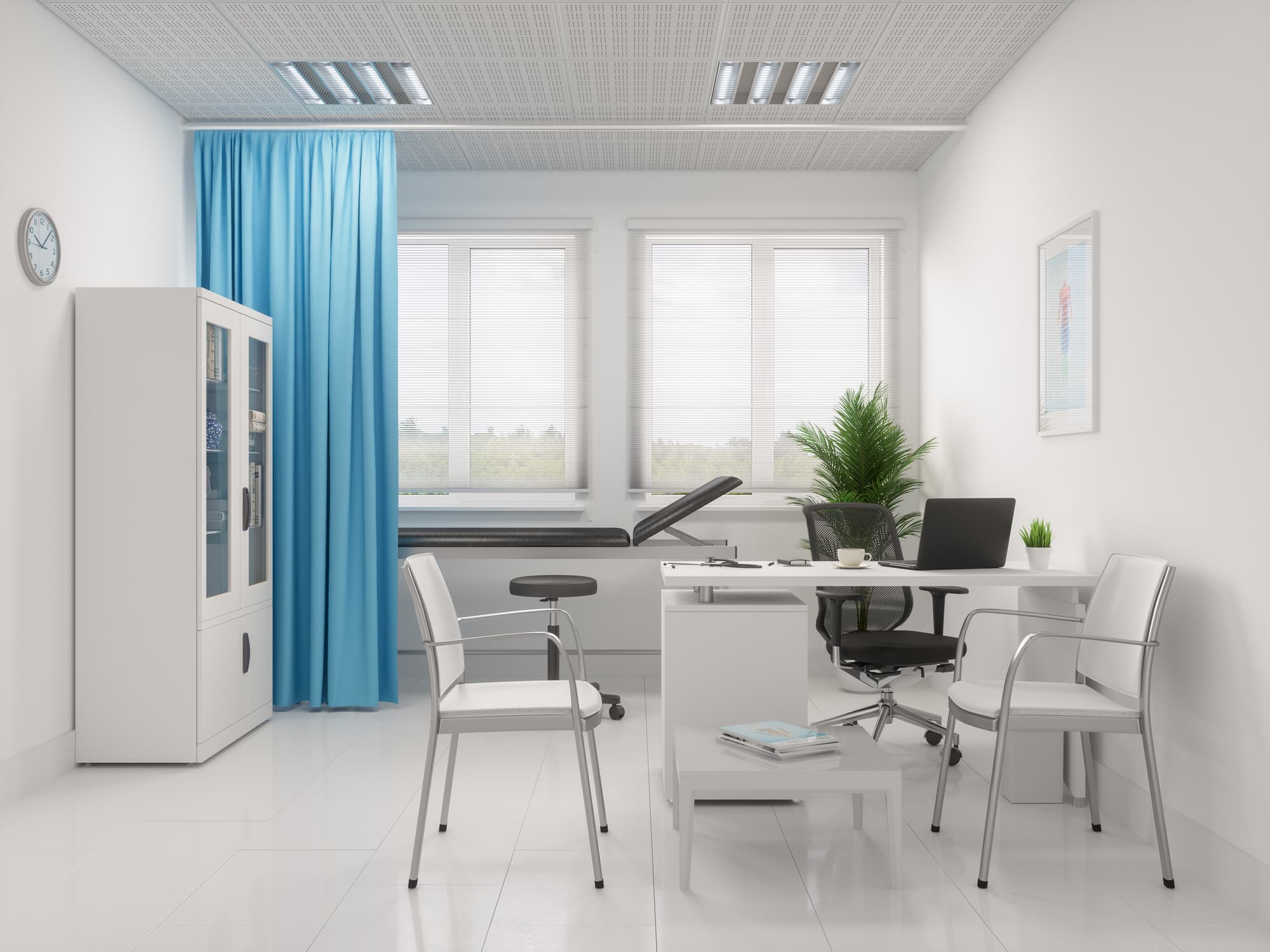 The interior of a modern doctor's office.
